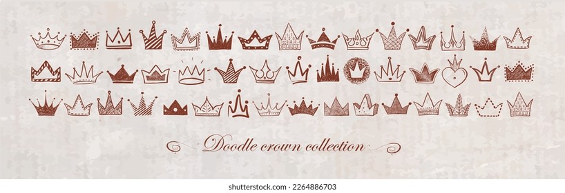Horizontal composition with collection of doodle crowns on vintage background. Vector sketch illustration.