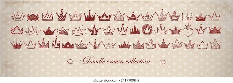 Horizontal composition with collection of doodle crowns on polka dot vintage background. Vector sketch illustration.
