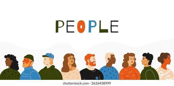 A horizontal composition of a diverse group of stylized people of different nationalities. A symbol of diversity, society and individuality of everyone.