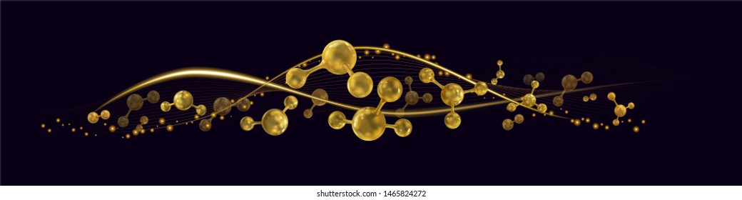 Horizontal composition of dynamic golden molecules and neon elements. Abstract background. Vector illustration isolated on dark background.