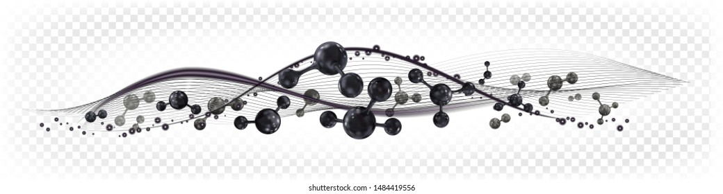 Horizontal composition of dynamic molecules and linear elements. Black color. Abstract background. Vector illustration isolated on white transparent background.