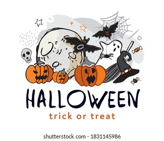 Horizontal composition of elements, symbols of Halloween drawn isolated on white. Background for a scary holiday night with lettering for invitations, posters, postcards. Cartoon vector illustration.