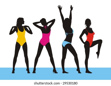 Horizontal composition with female figures. All figures of black colour. Bright bathing suits are put on them.