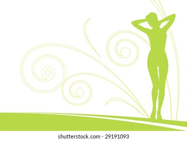Horizontal composition with a female silhouette. Behind a figure the ornament from spirals is located.