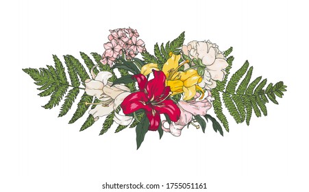 Horizontal composition of garden flowers and fern leaves, lilies, peonies and Phlox, vector illustration