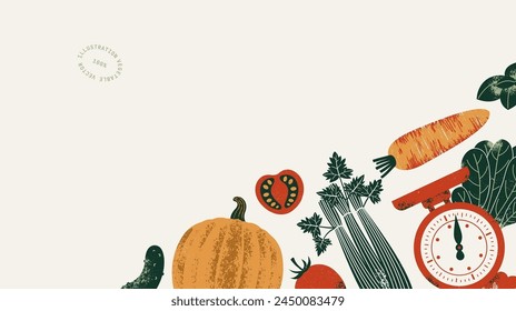 Horizontal composition with kitchen scale and various food. Pumpkin with tomato and carrot with cucumber and spinach.