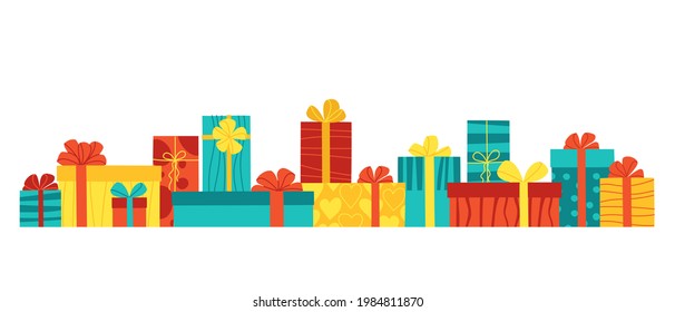 Horizontal composition of multi-colored gift boxes with bows. Presents  for birthday, christmas, sale, giveaway. Isolated on white vector illustration.