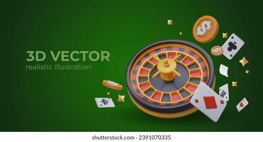 Horizontal composition on green background. Online roulette, poker, blackjack. Advertising concept with place for text. Color vector template. Gambling business