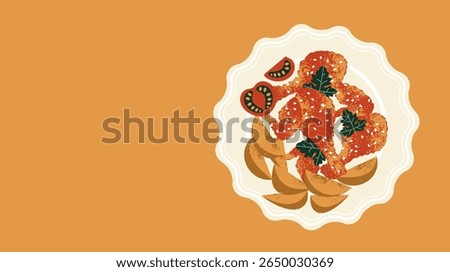 Horizontal composition with a plate of fried chicken and potatoes. Vector illustration.
