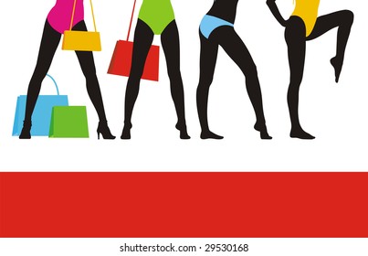 Horizontal composition with silhouettes of female figures. Bright bathing suits are put on them. Under silhouettes a field for the text.