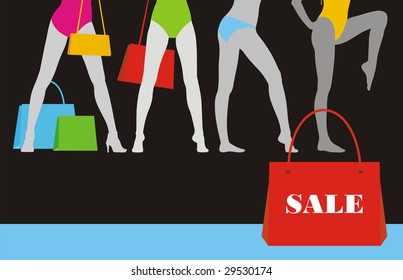 Horizontal composition with silhouettes of female figures. Bright bathing suits are put on them. In the foreground a red bag.