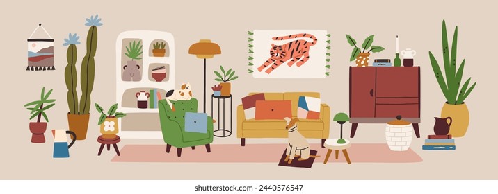 Horizontal composition with stylish furniture, decorations, prints and plants. Cozy and comfy living room pieces.
Perfect for social media posts, cards and posters. All elements are isolated.