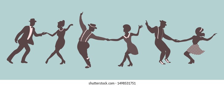 Horizontal composition of three couples dancing swing. People in 1930s or 1940s style. Vector illustration on blue background.
