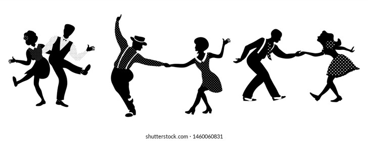 Horizontal composition of three couples set. People in 1940s or 1950s style dancing lindy hop or boogie woogie. Vector illustration in black and white colors.