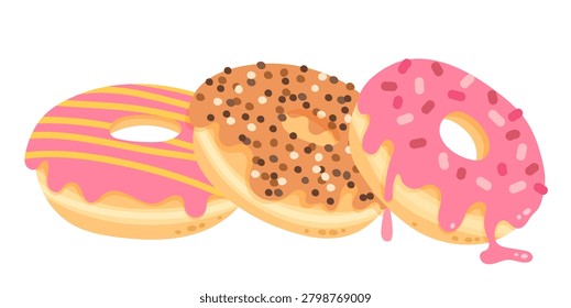 Horizontal composition of three sweet donuts on transparent background. Doughnuts with yellow lemon icing, crushed topping, and pink strawberry glaze. Pastry banner element for bakery branding