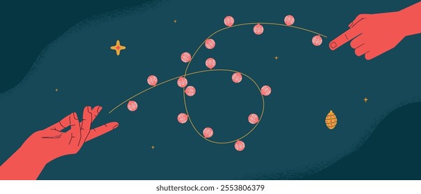 A horizontal composition of two palm reaching out to each other, with a Christmas tree garland in between. This symbolizes the connection and unity of family and friends during the holiday season.