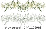 Horizontal composition of white lily flowers and leaves. Vector hand drawn lines and flowers, border for wedding decor, greeting cards and prints.