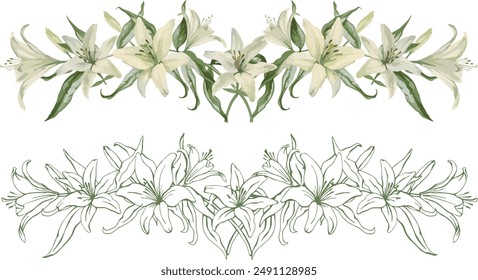 Horizontal composición de lirios blancos y hojas. Vector dibujado a mano líneas y flores, borde para la decoración de la boda, tarjetas de felicitación y estampados.