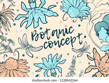  Horizontal  concept with  graphic flowers. Pastel color. Used as cover, invitation, banner, background.