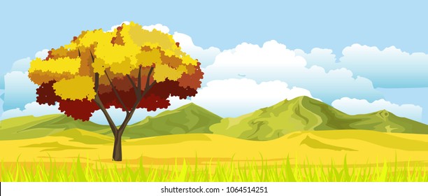  Horizontal Concept natural landscape vector view,single tree, autumn yellow steppe , and clouds in the sky 