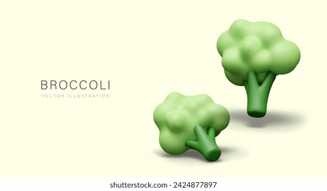 Horizontal concept with realistic broccoli. Fresh green vegetable, type of cabbage