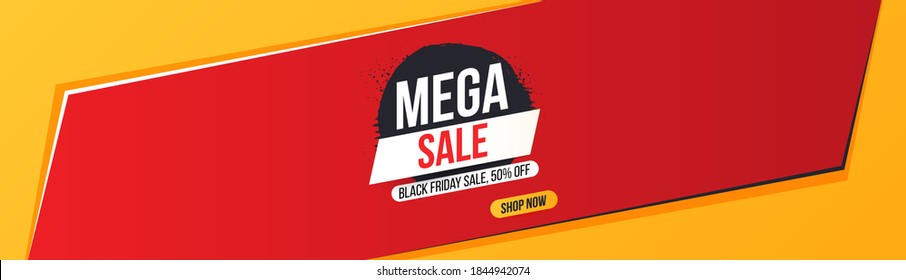 Banner horizontal conciso para Black Friday y Mega ventas y descuentos. IMAGEN DE VENTA DE MEGA sobre la mancha de tinta para la mega venta. Concepto vectorial brillante, fácilmente modificable.