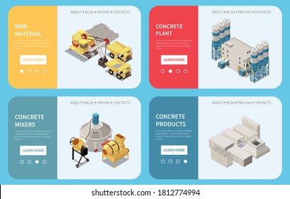 Horizontal concrete cement production isometric banner set with raw material concrete plant mixers and products descriptions vector illustration