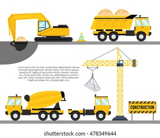 Horizontal construction background with construction equipment icons. Construction crane, truck,concrete mixer and excavator. Vector illustration