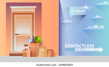 Horizontal contactless delivery banner with door, house wall, groceries, box, paper packages with food. Products fast delivery during COVID-19 quarantine. Online shopping background with copy space.