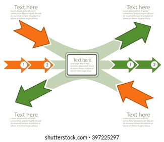  horizontal converging and diverging arrows with text fields on a white background. Vector Infographic set
