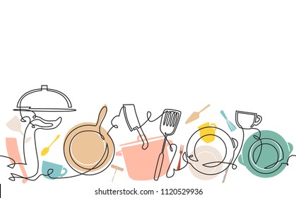 Horizontal Cooking Pattern. Background with utensils. Continuous line drawing. Vector illustration. 