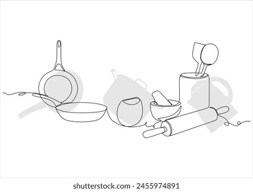 Plantilla de cocina Horizontal. Fondo con platos. Dibujo continuo de líneas. Ilustración vectorial. Sin inteligencia artificial