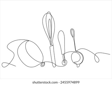 Horizontal cooking template. Background with dishes. Continuous drawing of lines. Vector illustration. Without artificial intelligence