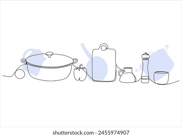 Horizontal cooking template. Background with dishes. Continuous drawing of lines. Vector illustration. Without artificial intelligence