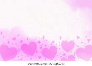 Horizontal copy space featuring pink hearts and sparkles at the bottom against a white sacred geometry grid. Vector illustration for Valentines Day banners, romantic headers, or websites.