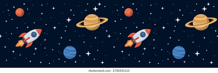 Espaço de cópia horizontal padrão contínuo com planetas e nave espacial
