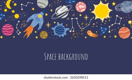 Horizontal copy space template cosmos theme. Blue background with planets, sun, stars, space dust and meteors. Astronomical space banner with place for text, vector graphic