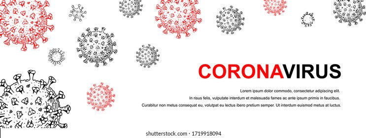Horizontal coronavirus banner with hand drawn design elements. Microscope virus close up. Vector illustration in sketch style. COVID-2019