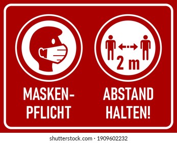 Horizontal Coronavirus Warning Sign in German with Round Icons Maskenpflicht (Face Mask Required) and Abstand halten (Keep Your Distance) 2 m or 2 Meters. Vector Image.