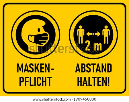 Horizontal Coronavirus Warning Sign in German with Round Icons Maskenpflicht (Face Mask Required) and Abstand halten (Keep Your Distance) 2 m or 2 Meters. Vector Image.