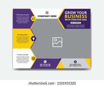 Horizontal Corporate Flyer Templates Design 2 With Blue Color And Red Color In Circle, Triangle, Rectangle Layout, Horizontal Booklet Cover, Flyer, Website Slider, Social Media Post.