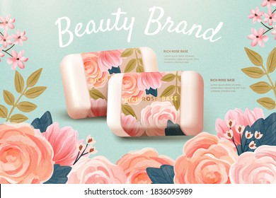 Horizontal cosmetics ad template combined with realistic rose soap mock-up and hand drawn floral background, inspired by the concept of simple natural skincare, 3D illustration