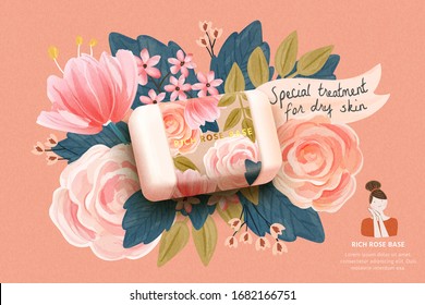 Horizontal cosmetics template of a large realistic rose soap mock-up combined with cute hand-drawn floral background, 3D illustration