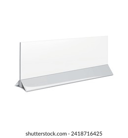 Horizontal countertop promotional banner stand realistic mockup. Tabletop name plate holder vector mock-up. Blank white nameplate display template