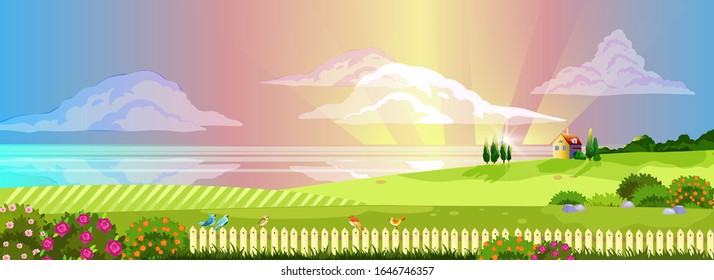 Horizontal countryside view with sunset rays, clouds, river, little house, birds on the fence and blooming bushes. Spring panoramic landscape in cartoon style with copy space for banners, wallpapers