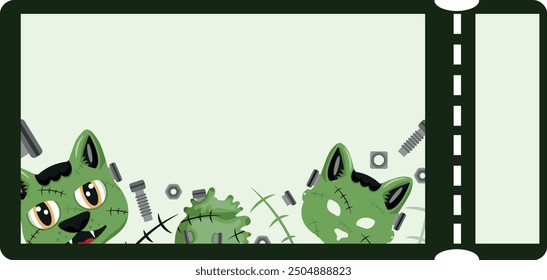 horizontal coupon of Halloween icons with a cat in a Frankenstein mask, bolts, scars, a monster heart with bolts and a Frankenstein mask placed at the bottom of the coupon, vector