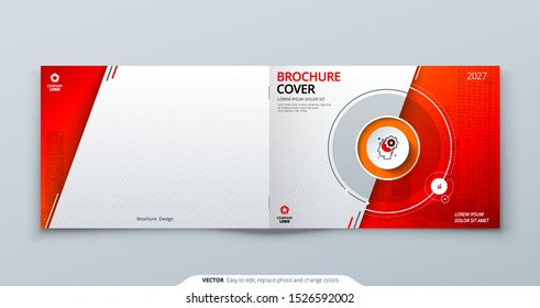 Horizontal Cover template. Horizontal Red template for brochure, banner, plackard, poster, report, catalog, magazine or flyer. Modern circle shape abstract background. Creative brochure vector concept