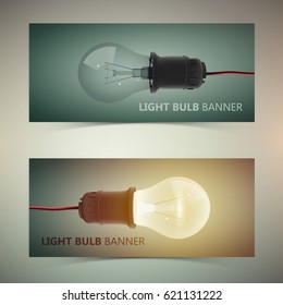 Horizontal creative design template banners with realistic light bulbs isolated vector illustration