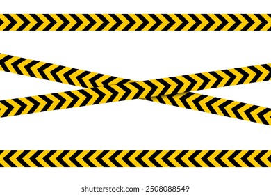 Cintas de precaución Horizontales y cruzadas con estampado de chevrones en negro y amarillo. Advertir fronteras en zona de trabajo de construcción o escena criminal. Signos de peligro, riesgo, emergencia o parada. Ilustración plana de Vector.