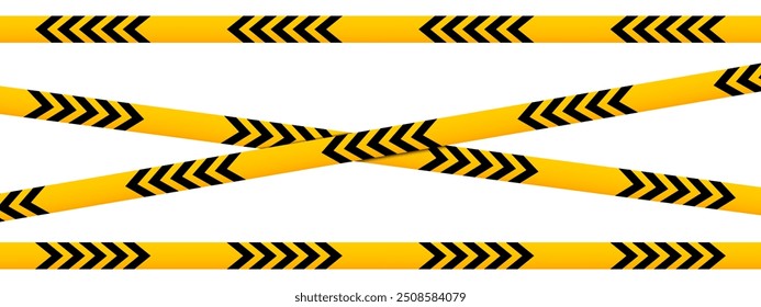 Horizontal and crossed caution tapes with black and yellow chevron print. Barriers in quarantine area, construction work zone or crime scene. Warning, restricted or closed signs. Vector illustration.